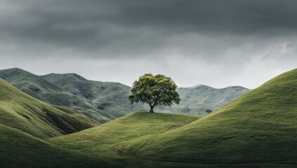 Solitary Tree on Rolling Green Hills Under a Cloudy Sky.