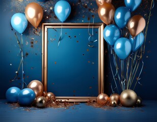 Elegant Celebration Mockup: Blue & Gold Balloons, Confetti, and Empty Frame for Birthday, Party, or Festive Occasion, Perfect for Adding Your Personalized Message!