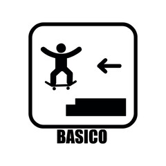Black and white sign depicting a skateboarder jumping with an arrow and the word basico below it
