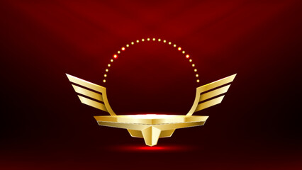 Luxurious golden emblem with symmetrical wings around a central pedestal and dotted circular ring, in metallic gold on rich red background with spotlight effects.