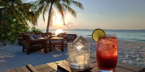 Tropical Beach Cocktails at Sunset - A Relaxing Paradise Getaway.