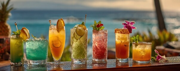 Exotic Cocktails on a Bar with Ocean View Backdrop.