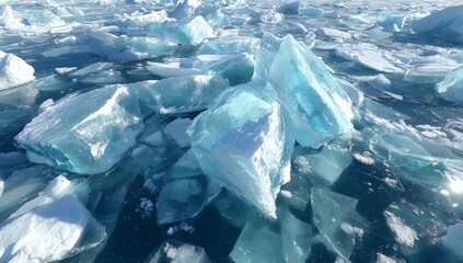 Obraz premium Large pile of ice blocks floating in the ocean. The ice is blue and white. The scene is cold and desolate