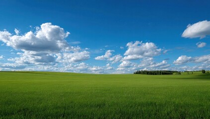 Lush Green Field Under a Bright Blue Sky with Clouds.