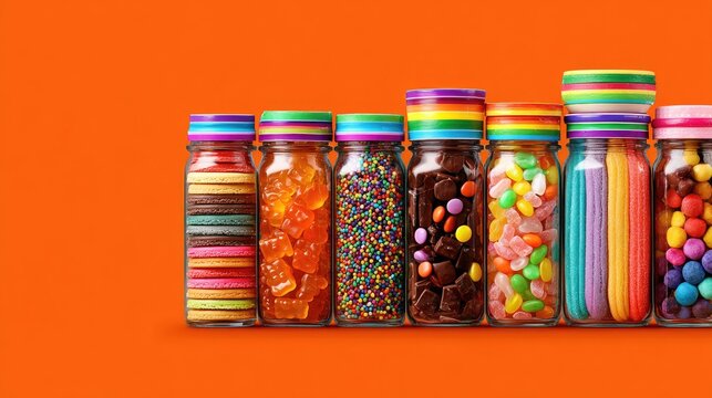 Colorful candy jars arranged against vibrant orange background