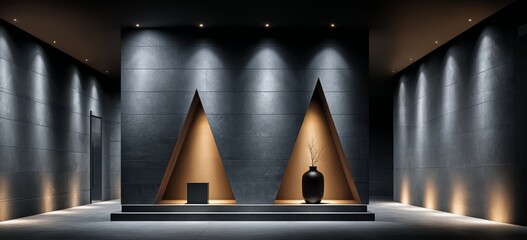 Large room with two triangular shaped pillars and a vase in the middle. The room is dimly lit