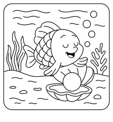 Happy Fish with Pearl in Shell – Underwater Coloring Page for Kids