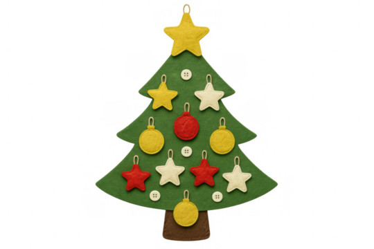 Felt christmas tree with handmade colorful ornaments and stars offering holiday craft and tradition on transparent background