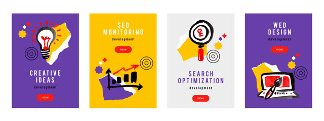 Creative business banner set with seo, optimization, web design, development, advertising, target, local marketing icons. Hand drawn sketch isolated vector illustration. Trendy collage