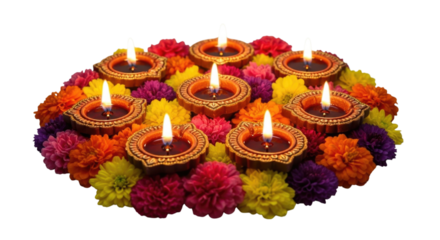 Diwali diya arrangement with flowers transparent background cutout png