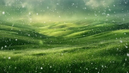 Serene Green Hills Landscape with Gentle Snowfall and Soft Lighting.