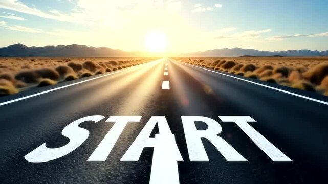 Expansive road leading towards horizon with bright sun rising, showcasing the word START in bold letters, emphasizing journey initiation and adventure ahead