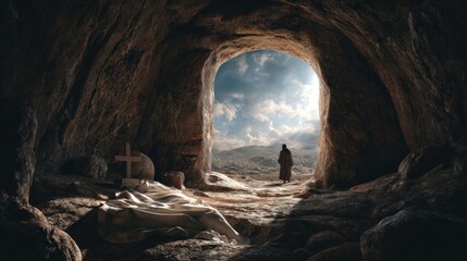 Resurrection - Empty Tomb and Figure Standing in the Light.