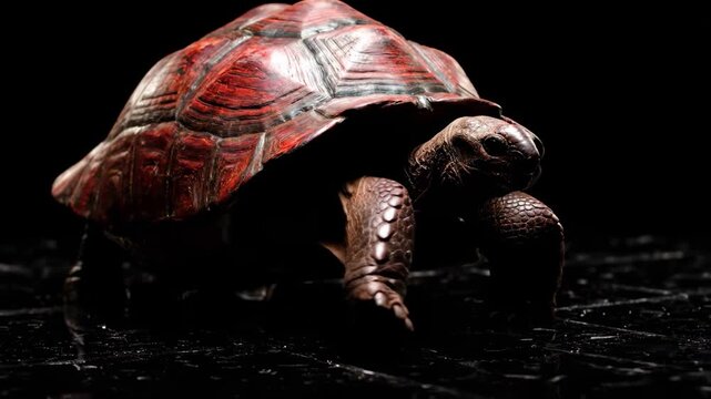 Close-up of a tortoise with a striking red and brown shell, walking slowly on a dark, textured surface, highlighting its intricate patterns and ancient presence.
