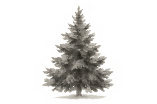 White pine tree covered in heavy snow, standing isolated, winter season scene, transparent background