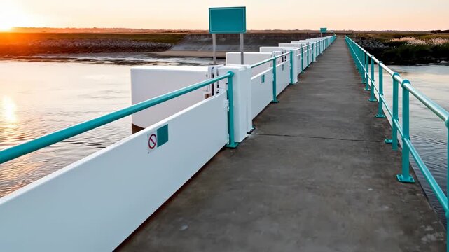 Walking on a concrete barrier and floodgate structure with turquoise railings at sunset over a calm river or canal