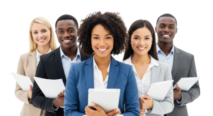 Diverse business team holding documents transparent background cutout png