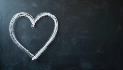 White chalk heart drawing on a dark blackboard background. This symbol shows love, care, romance, and friendship. Empty copy space for custom text, message, school art design or education.