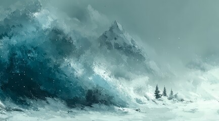 Painting of a mountain range with a large wave crashing over it. The mood of the painting is one of power and awe