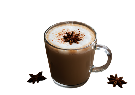 Aromatic chai latte with star anise isolated on transparent background