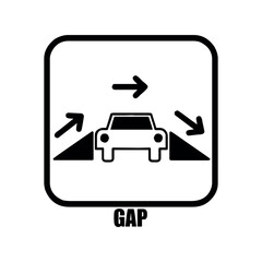 Illustration of a car with arrows indicating direction and the word gap below in a rounded square