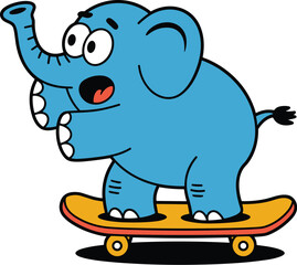 Excited Cartoon Baby Elephant Riding Skateboard - Happy Animal Performing Extreme Sport Vector