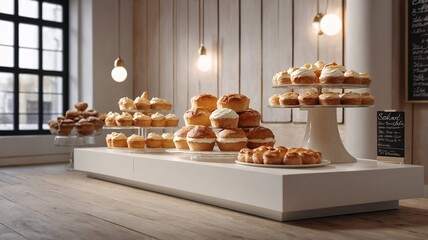 A beautifully arranged display of fresh pastries in a cozy bakery setting with warm lighting.