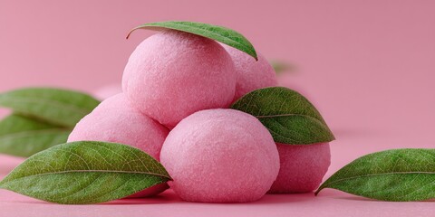 Pink Mochi Balls with Green Leaves on Pink Background.