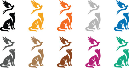 Bird and cat silhouettes colorful collection, Mixed animal icons in multiple hues