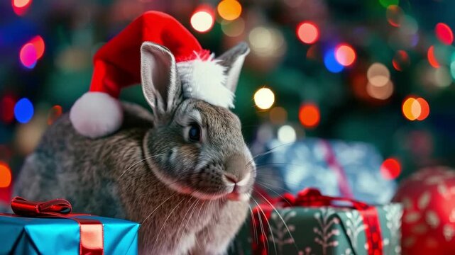 Adorable rabbit wearing festive Santa hat sits among colorful Christmas presents, showcasing joyful holiday spirit, camera captures gradual zoom in on charming scene