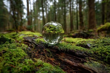 Crystal ball reflecting lush forest scene on mossy log.