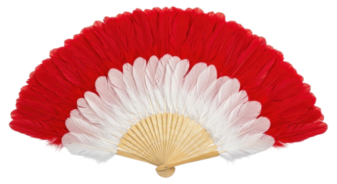 Red and white feather fan transparent background cutout png - Powered by Adobe