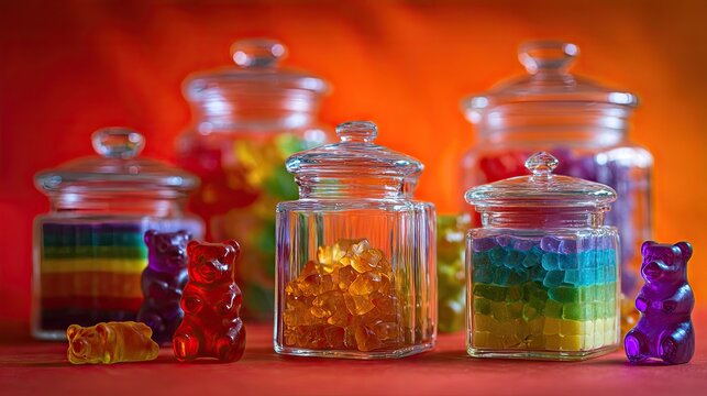 Colorful gummy candies in glass jars against a vibrant gradient background