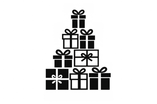 Group of gift boxes piled up in the form of a christmas tree, symbolizing celebration and surprise. Transparent background