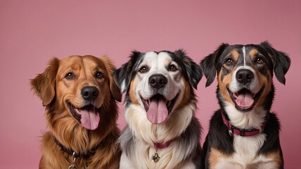 Fototapeta premium Three cheerful dogs sit together against a pink backdrop, showcasing their playful personalities and bright expressions.