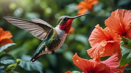 Fototapeta premium A vibrant male hummingbird with iridescent green and red plumage hovering near bright orange hibiscus flowers.