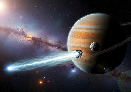 Giant planet jupiter with comet impact and ring system - Powered by Adobe