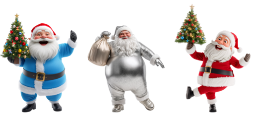 Happy cartoon Santa Claus with Christmas tree isolated on transparent background