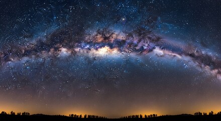 Fototapeta premium Vibrant milky way galaxy arches over silhouetted landscape