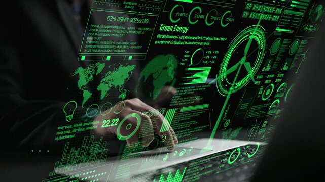 A close-up view of a hand navigating a digital laptop interface showcasing green energy data and global analytics. Ideal for technology and sustainability themes. Cipher - Powered by Adobe
