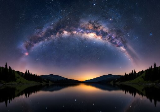 Vast milky way arch over serene lake and mountains at dusk