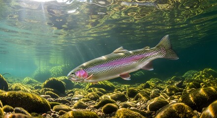 Fototapeta premium Rainbow Trout Swimming Underwater in Clear Stream with Sun Rays Splitting the Surface
