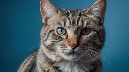 Obraz premium Close-up of a striped cat with striking blue eyes against a soft blue backdrop.