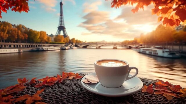 Parisian autumn morning with a cup of cappuccino and stunning fall foliage.