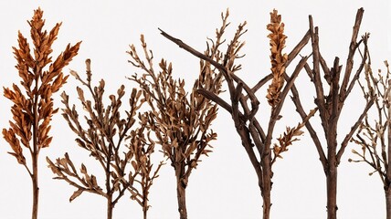 Fototapeta premium A collection of dried twigs and branches in various shades of brown, showcasing intricate textures and patterns against a white background.