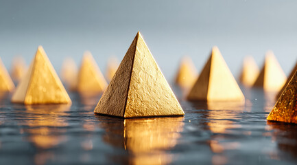 Row of gold pyramid shaped objects are floating on a body of water. The scene is serene and peaceful