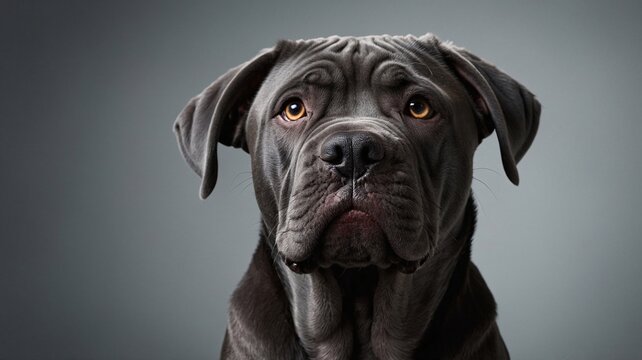 A majestic gray Cane Corso dog with soulful eyes, exuding loyalty and strength against a soft gray background.