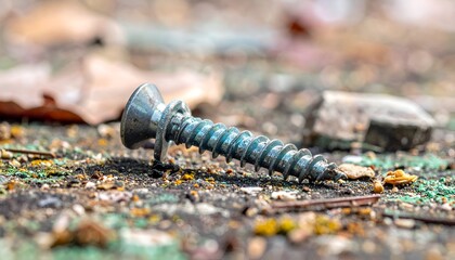 A close-up of a weathered metal screw resting on a textured, debris-covered surface