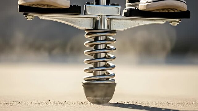 Dynamic bounce and balance on pogo stick: closeup action and performance shot