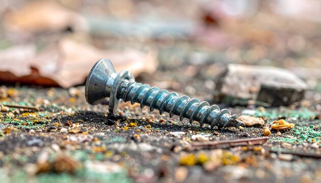 A close-up of a weathered metal screw resting on a textured, debris-covered surface - Powered by Adobe